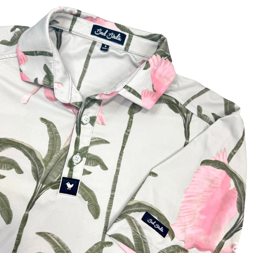 Bad Birdie Golf Polo Mens Small Pink Spoonbill Palm Tree Performance Shirt